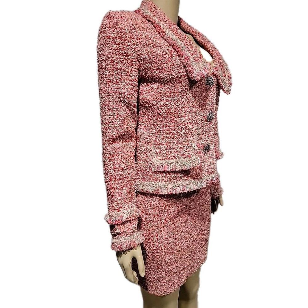 ST. JOHN COUTURE Black Label PINK Gray Eyelash Tweed Sz 4 Jacket  & Skirt #C7 - Picture 6 of 16